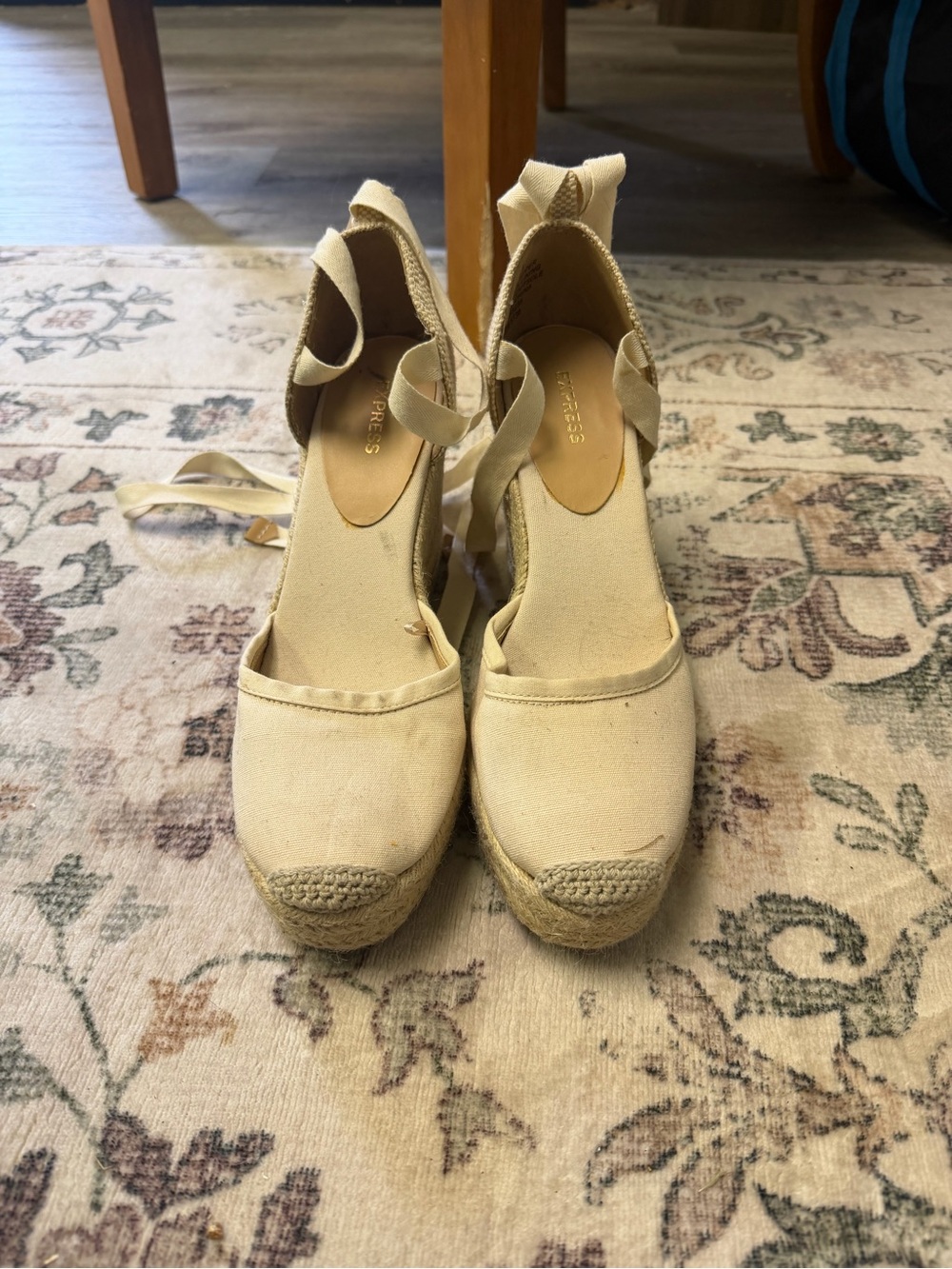 Express Cream Canvas Espadrille Wedge Sandals with Ankle Ties